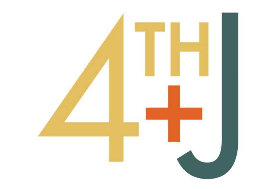 A graphic with the number 4 and the letter J with a plus sign between them.